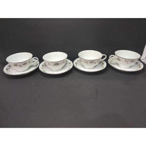 Noritake China Cup & Saucer Set, Vineyard Design, Brown & Green Leaves, Set of 4 - Picture 3 of 10